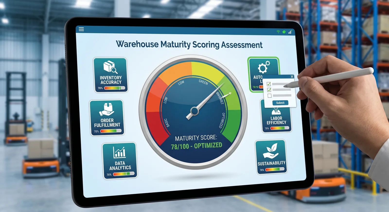 Warehouse Maturity Assessment dashboard on a tablet showing gauge, category tiles, and overall score