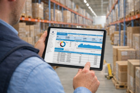 Warehouse manager holding a tablet displaying the Codeworks WMS dashboard on the floor