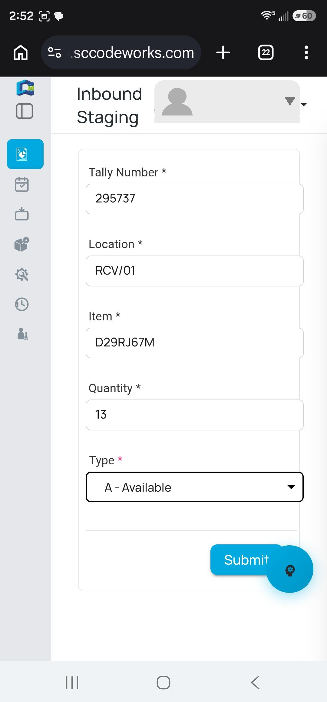 Codeworks Enterprise mobile RF workflow — inbound staging on a handheld