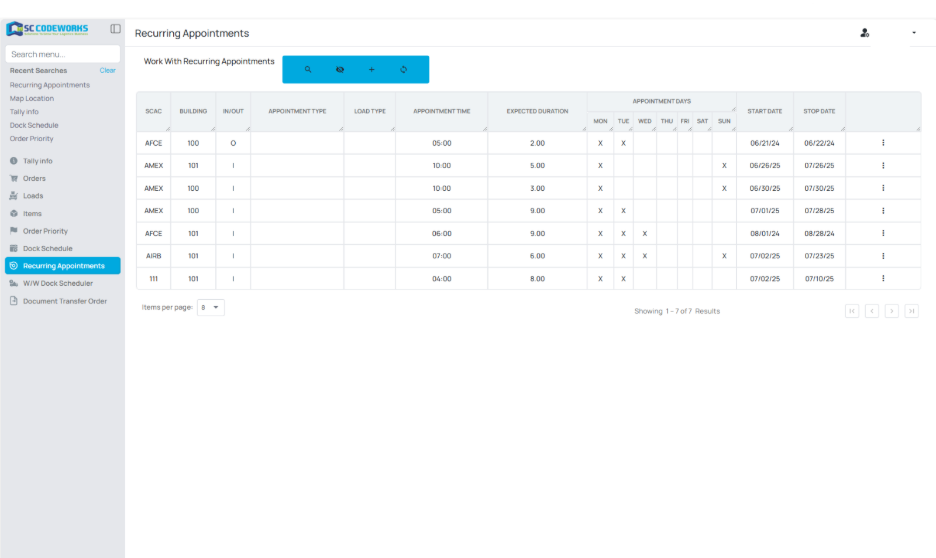Codeworks Essentials dock scheduling screen showing recurring appointments