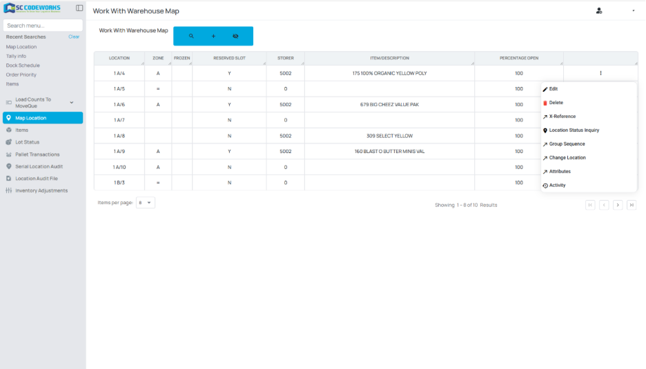Codeworks Essentials warehouse map showing location and inventory status
