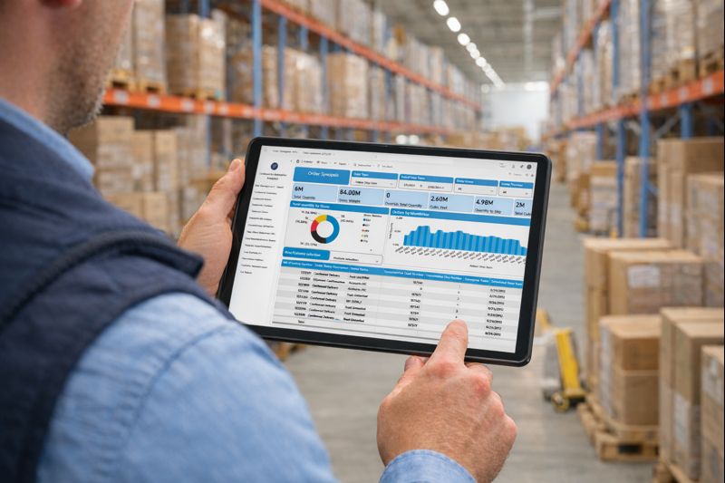Warehouse team member reviewing a Codeworks Enterprise order dashboard on a tablet on the warehouse floor